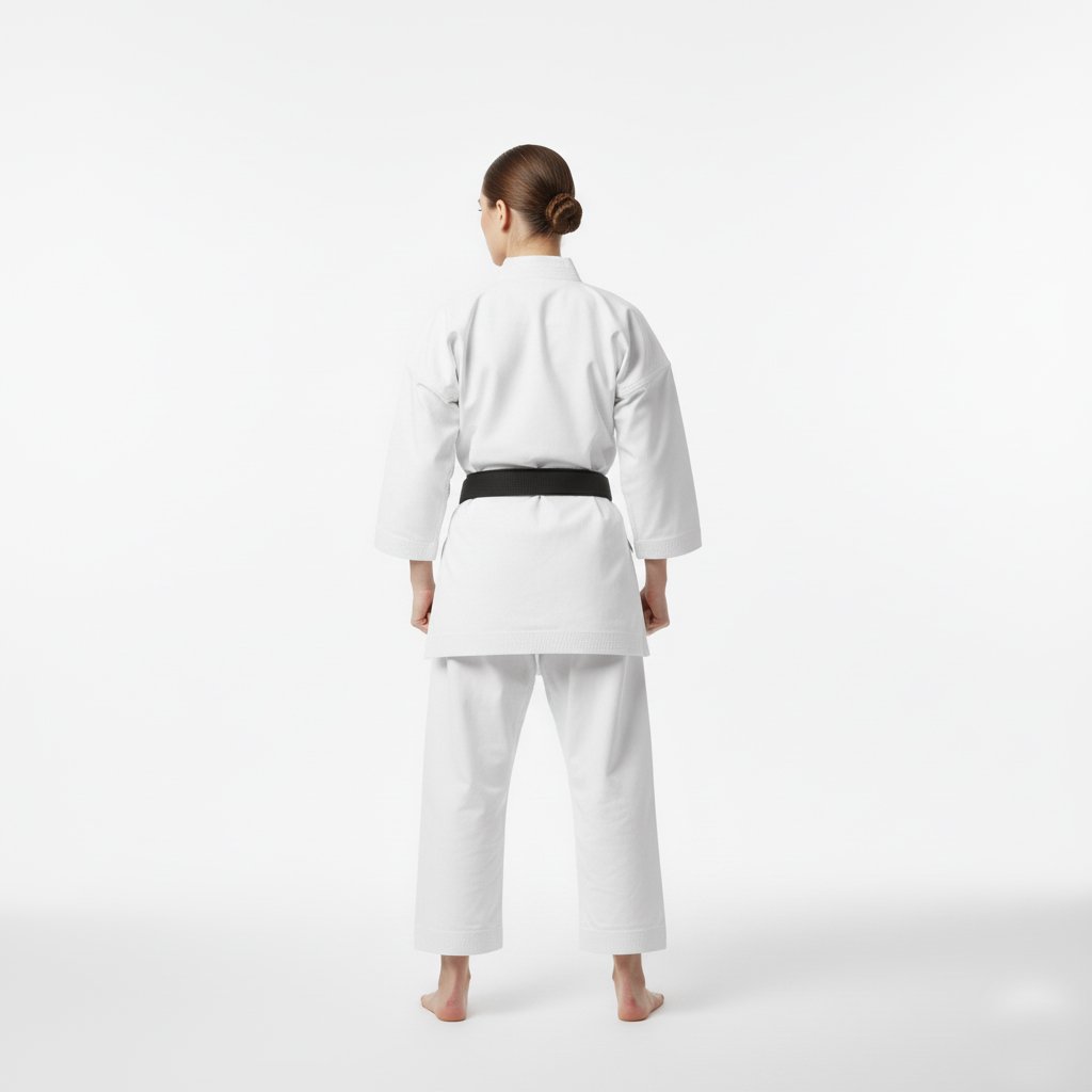"Back view of premium BJJ training suit with reinforced stitching"