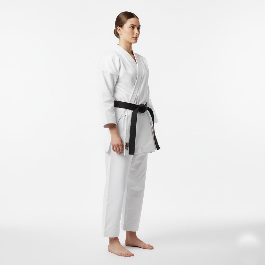 Side angle photo of Brazilian Jiu-Jitsu Gi worn by model"