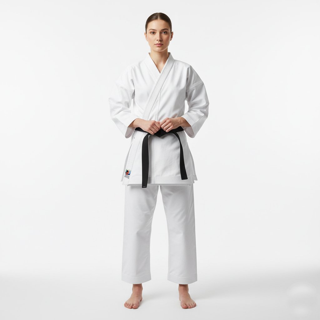 "Front view of men's BJJ Gi uniform with belt"