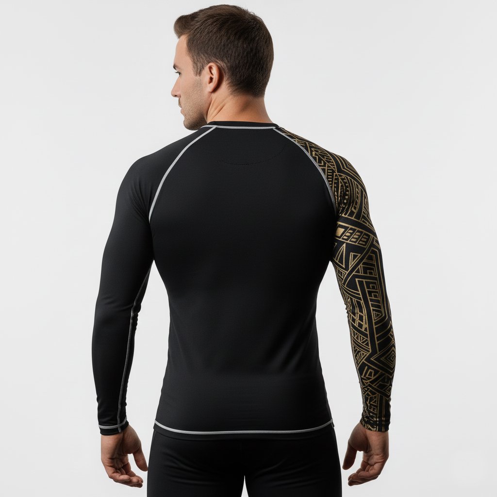 Back view of men’s black rashguard with gold tribal sleeve showing stitching and fabric details