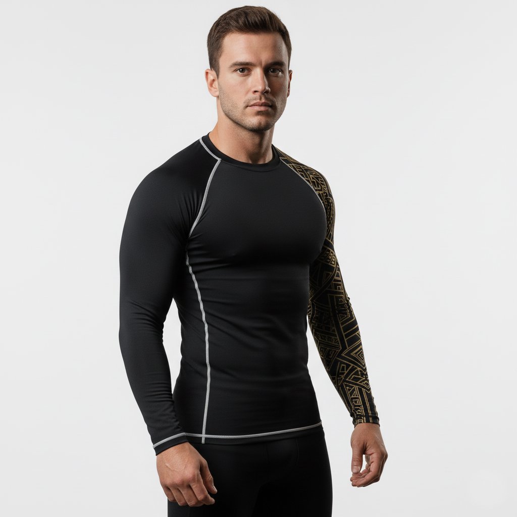 Side angle view of men’s black rashguard with gold tribal sleeve and visible stitching