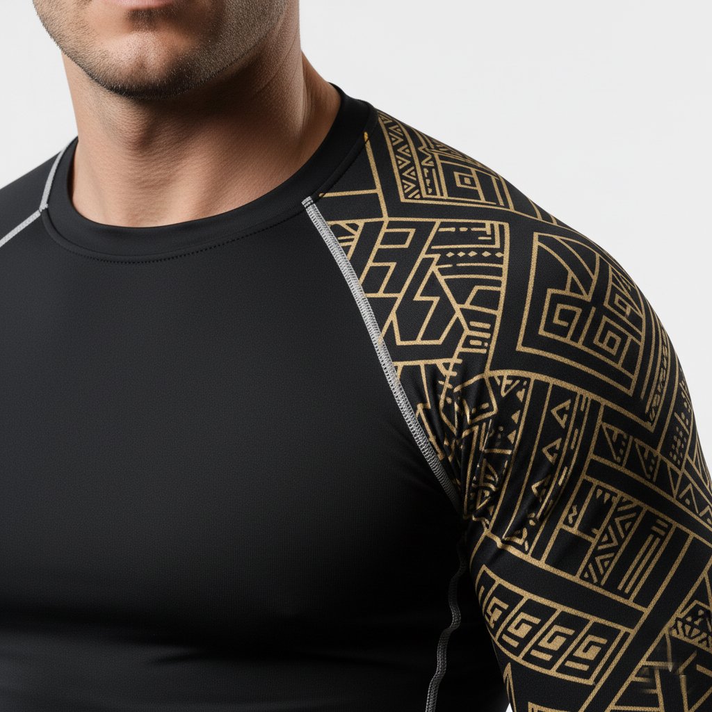 Close-up of gold tribal printing and stitching on men’s black rashguard