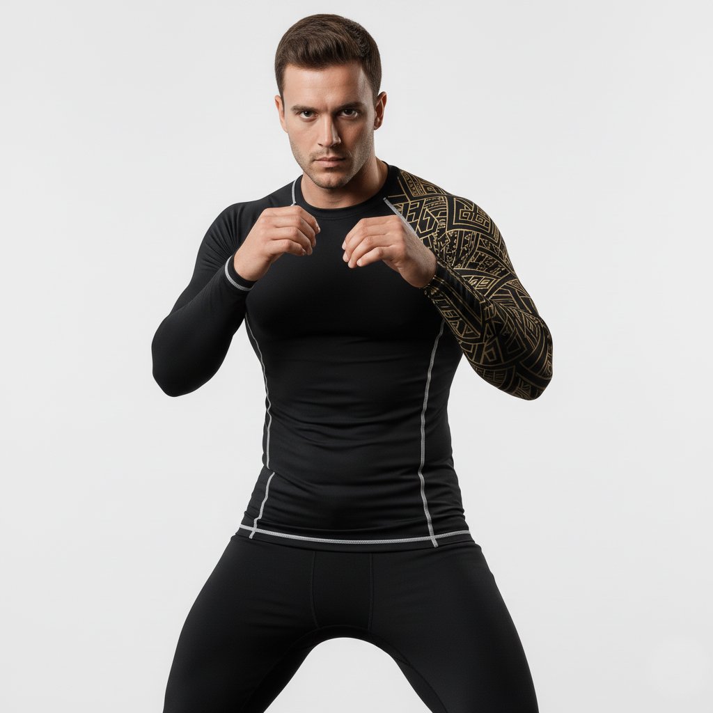Male athlete wearing black and gold rashguard in athletic pose showing front and side details