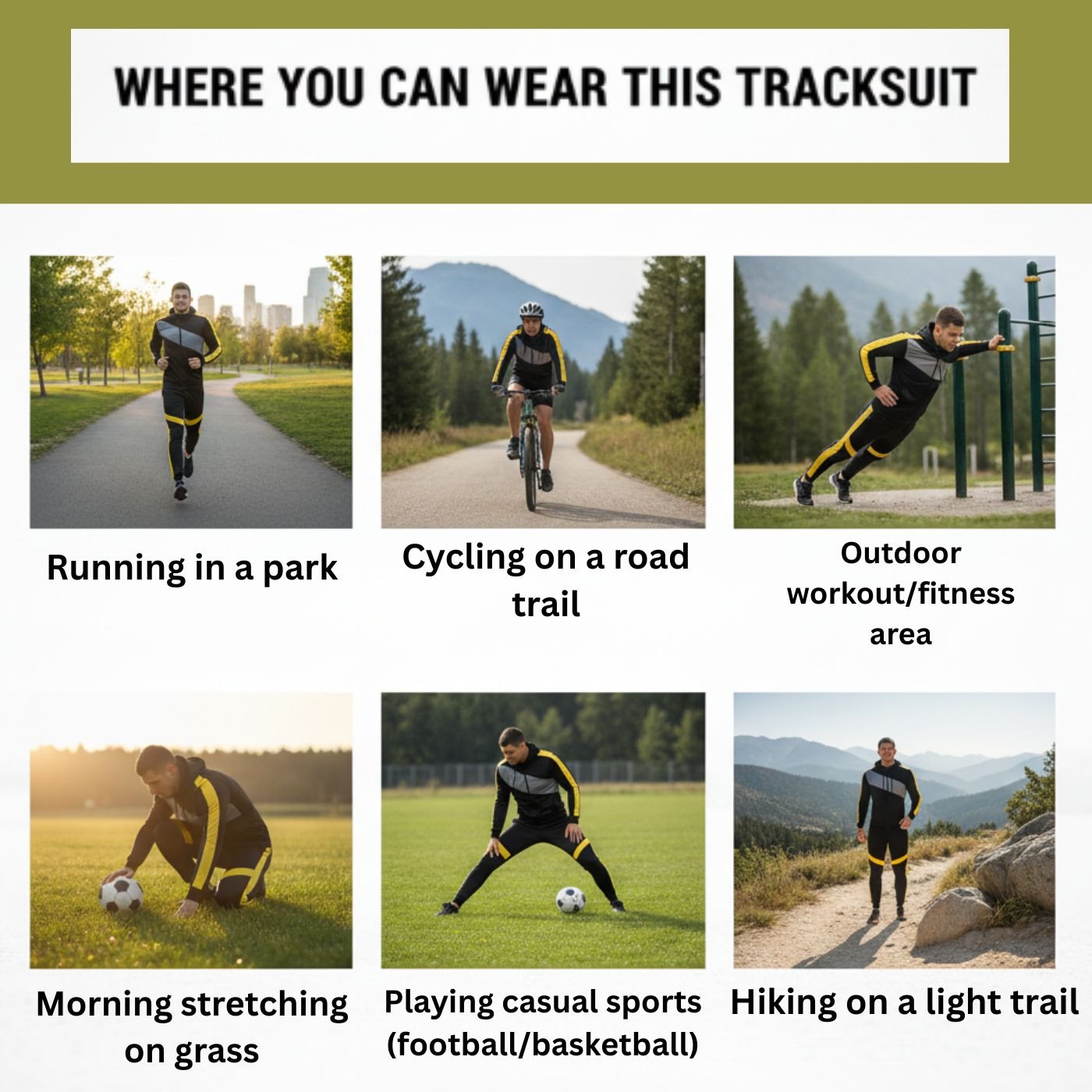 : An infographic titled “WHERE YOU CAN WEAR THIS TRACKSUIT” showing six lifestyle images of a man wearing a black and yellow sporty tracksuit (hoodie with yellow stripes and matching pants). The scenes depict the outfit being worn for various activities: running in a park, cycling on a road trail, outdoor workout in a fitness area, morning stretching on grass, playing casual sports like football, and hiking on a light trail.