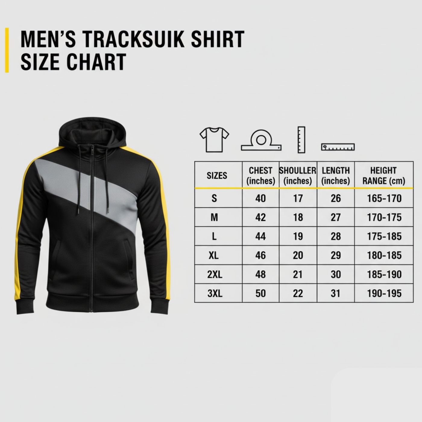 A men’s tracksuit shirt size chart showing chest, shoulder, length, and height range measurements for different sizes.