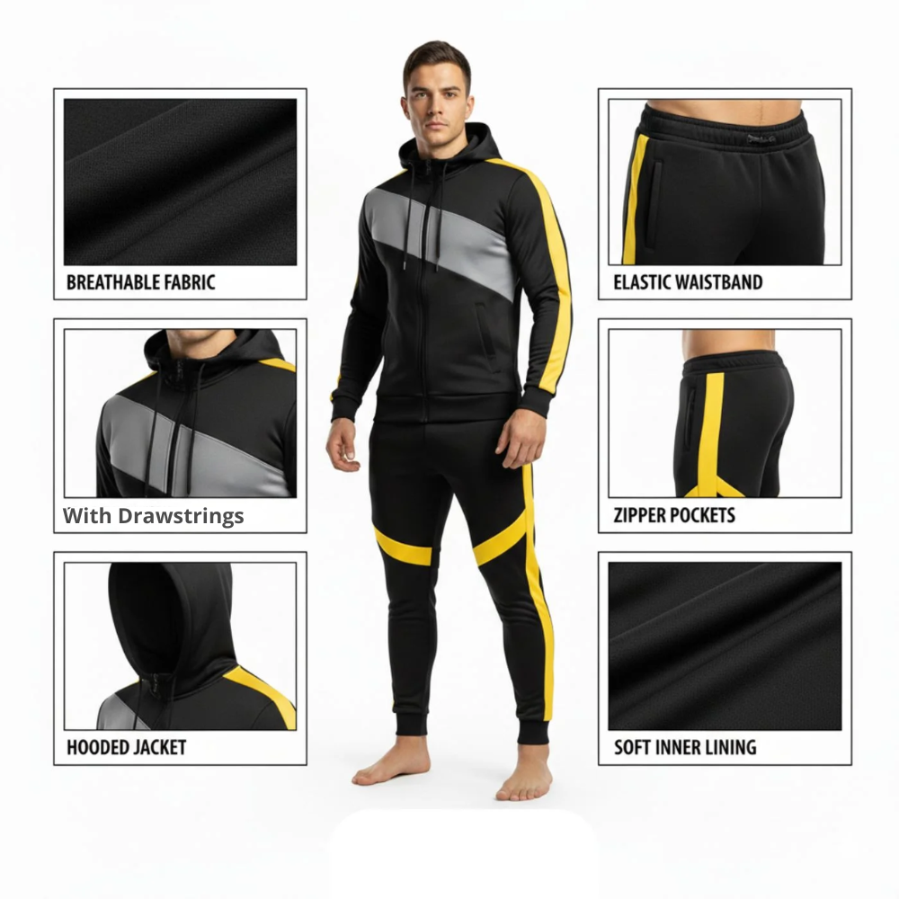 Image of a man wearing a black and yellow athletic tracksuit with hooded jacket, showcasing breathable fabric, elastic waistband, zipper pockets, and soft inner lining.