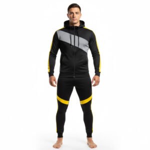 Black and yellow men's tracksuit with zip hoodie and matching pants, featuring a grey diagonal stripe on chest.