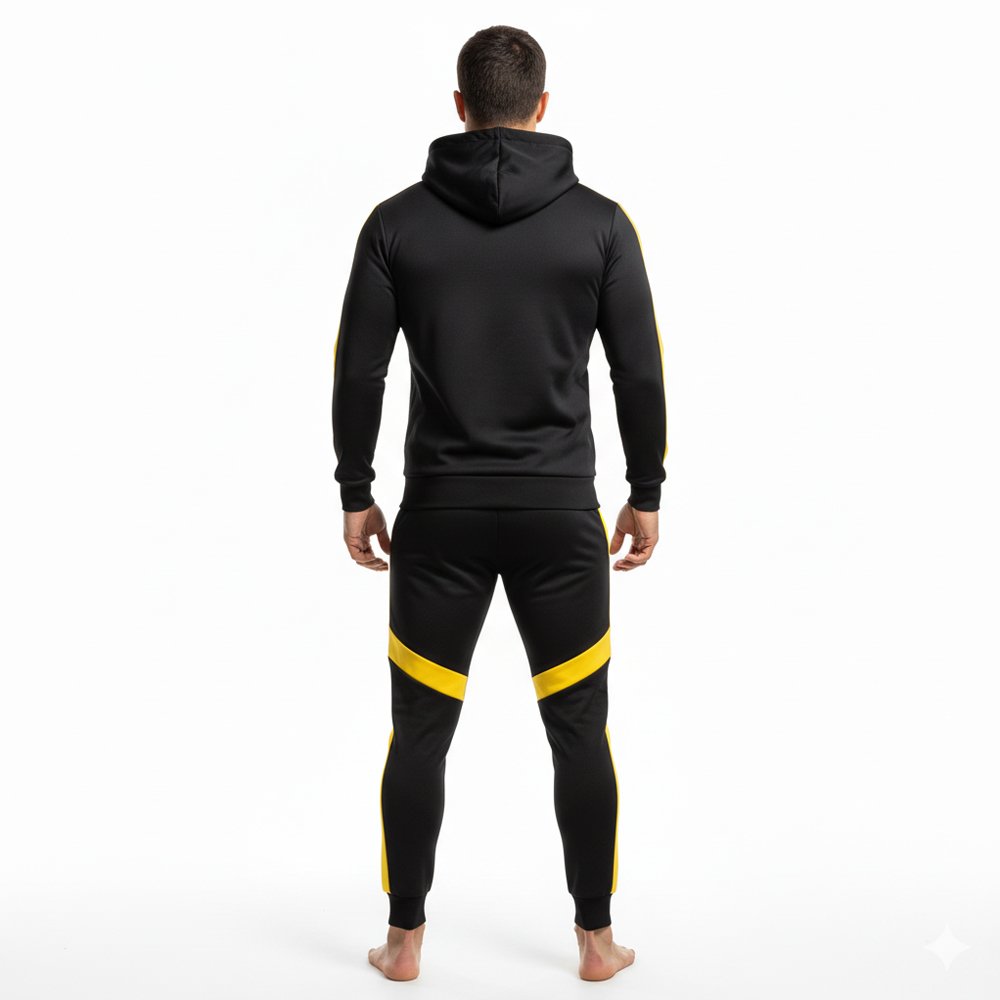 Man wearing black hooded sweatshirt with yellow sleeve stripe and matching black joggers with yellow accent stripes, viewed from back.